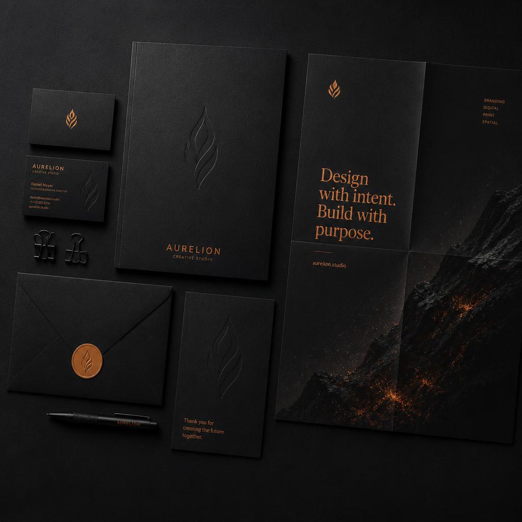A full identity system in blackened paper and molten copper.